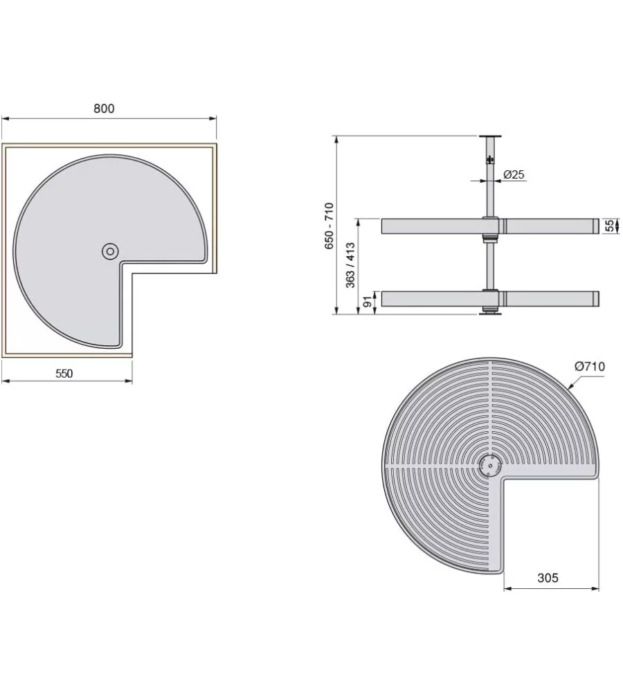 Cestello "3/4" grigio girevole 270° per mobile da 80 cm